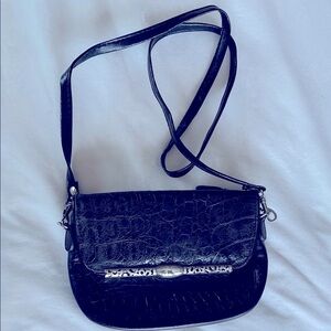 Brighton cross body black animal print phone card purse silver trimmed flap